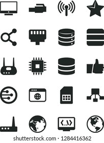 Solid Black Vector Icon Set - star vector, thumb up, screen, big data, SIM card, connections, hierarchical scheme, cpu, router, network, browser, coding, lan connector, wireless, earth