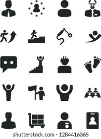 Solid Black Vector Icon Set - cargo trolley vector, footprints, employee, builder, gas welding, woman, man, think, conversation, scientist, arrow up, carrer stairway, winner, hands, with medal