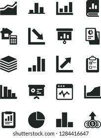 Solid Black Vector Icon Set - pie chart vector, bar, growth, negative, positive histogram, estimate, cardiogram, pile, survey, statistical report, book on statistics, research, presentation, graph