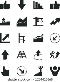 Solid Black Vector Icon Set - upward direction vector, downward, growth up, line chart, positive histogram, a chair for feeding, crane, ladder, left bottom arrow, index finger, thumb, move, right
