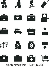 Solid Black Vector Icon Set - first aid kit vector, toys over the cot, bag of a paramedic, portfolio, suitcase, briefcase, money, dollars, hand, car baggage, backpacker, passenger, scanner, getting