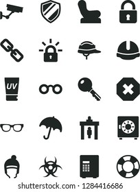 Solid Black Vector Icon Set - mark of injury vector, spectacles, Baby chair, winter hat, construction helmet, lock, key, umbrella, strongbox, encrypting, glasses, biohazard, security gate, uv cream