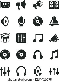 Solid Black Vector Icon Set - bell vector, horn, loudspeaker, silent mode, drum, headphones, microphone, music, CD, regulator, megaphone, pc card, speaker, note, settings