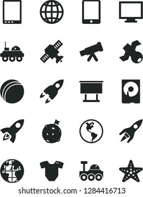 Solid Black Vector Icon Set - monitor vector, t short, bath ball, earth, planet, billboard, tablet pc, hdd, telescope, satellite, rocket, lunar rover, flag on moon, starfish