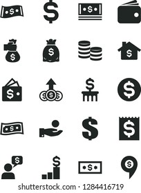 Solid Black Vector Icon Set - dollar vector, coins, denomination of the, financial item, catch a coin, wallet, dollars, cash, money bag hand, mortgage, pedestal, column, growth, dialog, pin