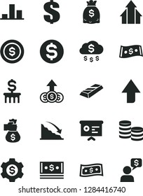 Solid Black Vector Icon Set - upward direction vector, dollar, coins, chart, recession, dollars, cash, financial report, growth arrows, gold bar, money bag hand, rain, coin, column, gear, dialog
