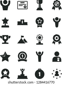 Solid Black Vector Icon Set - star vector, medal, winner, pedestal, podium, prize, cup, gold, reward, man hands up, with, mountain flag, first place, ribbon, certificate, stars around