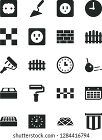Solid Black Vector Icon Set - paint roller vector, brickwork, building trowel, power socket type b, f, tile, ceramic tiles, brick, block, fence, hedge, pavement, core, wall clock, calendar, watch