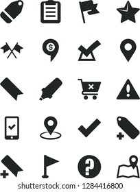 Solid Black Vector Icon Set - warning vector, add bookmark, check mark, label, pennant, question, star, flag, crossed cart, location, geolocation, text highlighter, clipboard, cross flags, confirm