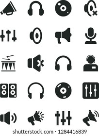 Solid Black Vector Icon Set - horn vector, loudspeaker, silent mode, drumroll, headphones, regulator, volume, no sound, operator, megaphone, cd, pc speaker, settings, microphone