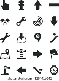 Solid Black Vector Icon Set - upward direction vector, downward, right, left, minus, index finger, flag, move down, lighthouse, coastal, repair, radar, cross flags, dollar pin, escalator, map