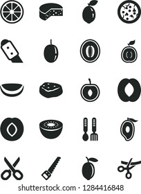 Solid Black Vector Icon Set - scissors vector, iron fork spoons, arm saw, knife, cheese, pizza, piece of meat, plum, half mango, peach, melon, cherry, passion fruit, lemon, juicy, kiwi, sour lime