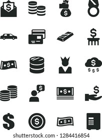 Solid Black Vector Icon Set - dollar vector, cards, coins, column of, get a wage, cash, gold ring, bar, money bag hand, rain, coin, king, limousine, mail, dialog, safe