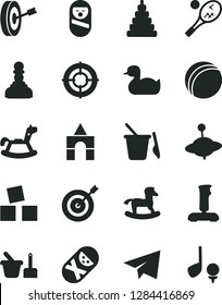 Solid Black Vector Icon Set - paper airplane vector, rubber duck, bath ball, stacking toy, roly poly doll, tumbler, sand set, children's, yule, rocking horse, small, cubes for children, joystick