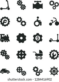 Solid Black Vector Icon Set - truck lorry vector, baby carriage, children's train, tricycle, Kick scooter, child, gears, gear, star, valve, retro car, three, dollar, disabled, handwheel