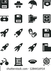 Solid Black Vector Icon Set - floppy disk vector, hat with glasses, camera roll, bedside table, tricycle, child shoes, abacus, umbrella, plate, modern gas station, vintage sign, rocket, space