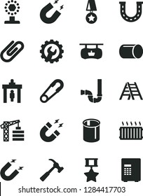 Solid Black Vector Icon Set - safety pin vector, tower crane, ladder, siphon, gear, hammer with claw, clip, magnet, pipe, pipes, aluminum radiator, antique advertising signboard, cup, star medal