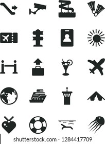 Solid Black Vector Icon Set - earth vector, airport tower, escalator, rope barrier, identity card, plane ticket, baggage, tent, beach, sun, cocktail, aquapark, flippers, surveillance, signpost