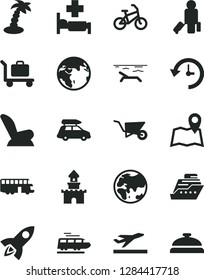 Solid Black Vector Icon Set - car child seat vector, building trolley, planet, history, rocket, sand castle, earth, train, baggage, bus, bike, passenger, departure, beach, palm tree, hospital bed