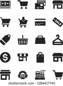 Solid Black Vector Icon Set - grocery basket vector, bank card, cart, put in, cards, kiosk, hanger, label, stall, shopping, dollar, cash, bag, hand, machine, season sale, store