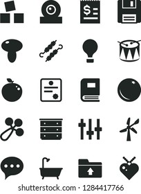 Solid Black Vector Icon Set - upload folder vector, chest of drawers, baby rattle, cubes for children, drum, bath, speech, mushroom, meat on skewers, orange, delicious apple, wind energy, web camera