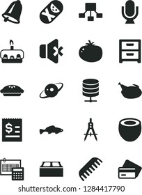 Solid Black Vector Icon Set - comb vector, tumbler, calculation, building block, bell, microphone, big data server, no sound, nightstand, torte, pie, chicken, tomato, small fish, half of coconut