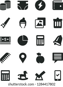 Solid Black Vector Icon Set - image of thought vector, purse, calculator, pie chart, nappy, comb, small rocking horse, winter hat, hand saw, bell, dust bin, picture, coins, peach, location, cash