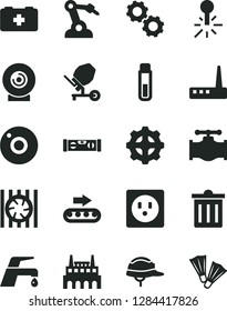 Solid Black Vector Icon Set - camera vector, bin, bag of a paramedic, concrete mixer, building level, helmet, faucet, lens, valve, socket, industrial factory, gear, production conveyor, robot welder