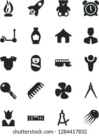 Solid Black Vector Icon Set - alarm clock vector, t short, comb, roly poly doll, small teddy bear, Kick scooter, building level, employee, key, bottle, fan screw, flame, drawing compass, winner, bus