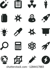 Solid Black Vector Icon Set - jar vector, atom, nuclear, zoom, bulb, pipette, globe, magnet, scientist, clipboard, calculator, rocket, syringe, presentation board, 3d cube, flame torch, bang