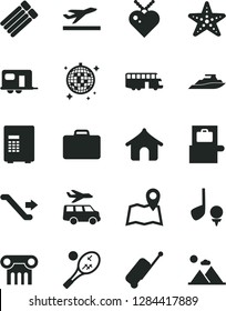 Solid Black Vector Icon Set - camper vector, bus, escalator, suitcase, baggage scanner, rolling case, departure, boungalow, disco ball, starfish, tennis, transfer, map, safe, golf, yacht, column