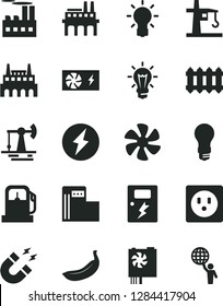 Solid Black Vector Icon Set - dangers vector, new radiator, banana, marine propeller, working oil derrick, gas station, modern, light bulb, socket, industrial building, factory, enterprise, magnet