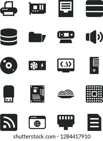 Solid Black Vector Icon Set - rss feed vector, archive, volume, onion, processor, pc power supply, tower, motherboard, card, web camera, cd, printer, usb flash, browser, folder, coding, big data
