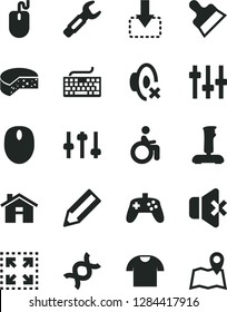 Solid Black Vector Icon Set - house vector, keyboard, silent mode, putty knife, no sound, T shirt, size, move down, cheese, steel repair key, pencil, mouse, joystick, dna, settings, disabled, map