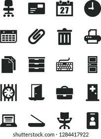 Solid Black Vector Icon Set - laptop vector, daily calendar, bin, keyboard, clean paper, storage unit, interroom door, wall clock, pass card, clip, portfolio, radiator fan, printer, scanner, chair