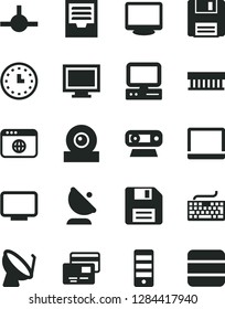 Solid Black Vector Icon Set - floppy disk vector, monitor window, keyboard, archive, cards, satellite dish, antenna, wall watch, computer, notebook pc, radiator fan, tower, web camera, browser