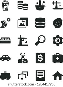 Solid Black Vector Icon Set - archive vector, toys over the cot, medical bag, motor vehicle, brick, picture, cup of popcorn, strawberries, big solar panel, oil derrick, tower crane, metallurgy, data