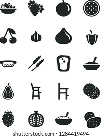 Solid Black Vector Icon Set - a chair for feeding vector, child, mini hot dog, bowl of buckwheat porridge, rice, plate fruit, barbecue, biscuit, sandwich, cherry, half pomegranate, branch grape, fig