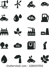 Solid Black Vector Icon Set - drop vector, bag with handles, apple stub, working oil derrick, leaves, gas station, wind energy, manufacture, trees, industrial building, thermal power plant, factory