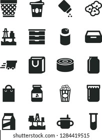 Solid Black Vector Icon Set - wicker pot vector, storage unit, mug for feeding, powder, baby, drawer, bag with handles, package, canned goods, popcorn, cup of, coffe to go, jam, jar, sea port