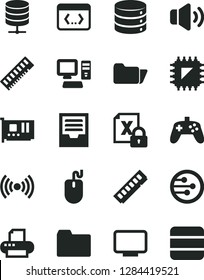 Solid Black Vector Icon Set - folder vector, archive, big data, server, volume, smd, computer, encrypting, mouse, memory, pc card, monitor, printer, network, coding, wireless, joystick