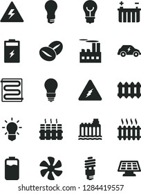 Solid Black Vector Icon Set - danger of electricity vector, bulb, heating coil, radiator, new, coffee beans, marine propeller, charge level, charging battery, light, hydroelectricity, energy saving