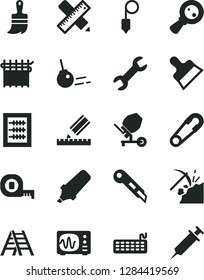 Solid Black Vector Icon Set - new abacus vector, safety pin, concrete mixer, measuring tape, wooden paint brush, ladder, writing accessories, drawing, plummet, putty knife, stationery, core, repair