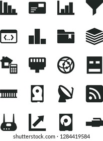 Solid Black Vector Icon Set - rss feed vector, bar chart, growth, negative histogram, positive, folder bookmark, estimate, pile, pass card, satellite dish, filter, radiator fan, hdd, usb, router