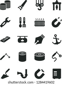 Solid Black Vector Icon Set - iron fork spoons vector, winch hook, trowel, hand saw, sewerage, anchor, coins, canned goods, tin, horseshoe magnet, welding, gas, steel repair key, aluminum radiator