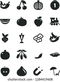 Solid Black Vector Icon Set - baby toy train vector, slices of onion, tomato, chili, popcorn, cherry, pomegranate, half, red apple, tasty, fig, goji berry, water melon slice, pepper, hot, beet