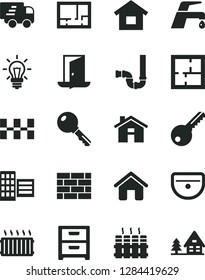 Solid Black Vector Icon Set - house vector, dwelling, brickwork, sink, siphon, laying out, lay of flat, key, city block, ceramic tiles, radiator, faucet mixer, nightstand, aluminum, light bulb
