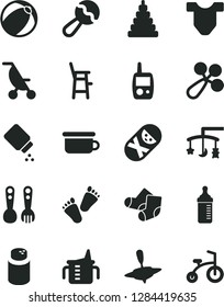 Solid Black Vector Icon Set - toys over the cradle vector, measuring cup for feeding, bottle, powder, baby, Child T shirt, beanbag, rattle, summer stroller, bath ball, stacking toy, Knitted Socks