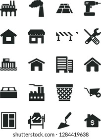 Solid Black Vector Icon Set - wicker pot vector, house, dwelling, building trolley, trowel, concrete mixer, window, small tools, cordless drill, buildings, block, paving slab, road fence, home