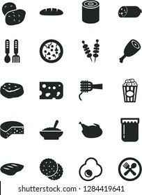 Solid Black Vector Icon Set - iron fork spoons vector, sausage, piece of cheese, loaf, tin, fried vegetables on sticks, pizza, noodles, a bowl buckwheat porridge, chicken, thigh, chop, meat, egg